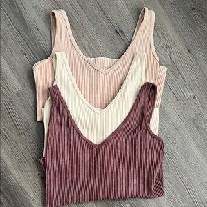 Aura Ribbed V-Neck Crop Top Trio - Tan, Cream, Brown